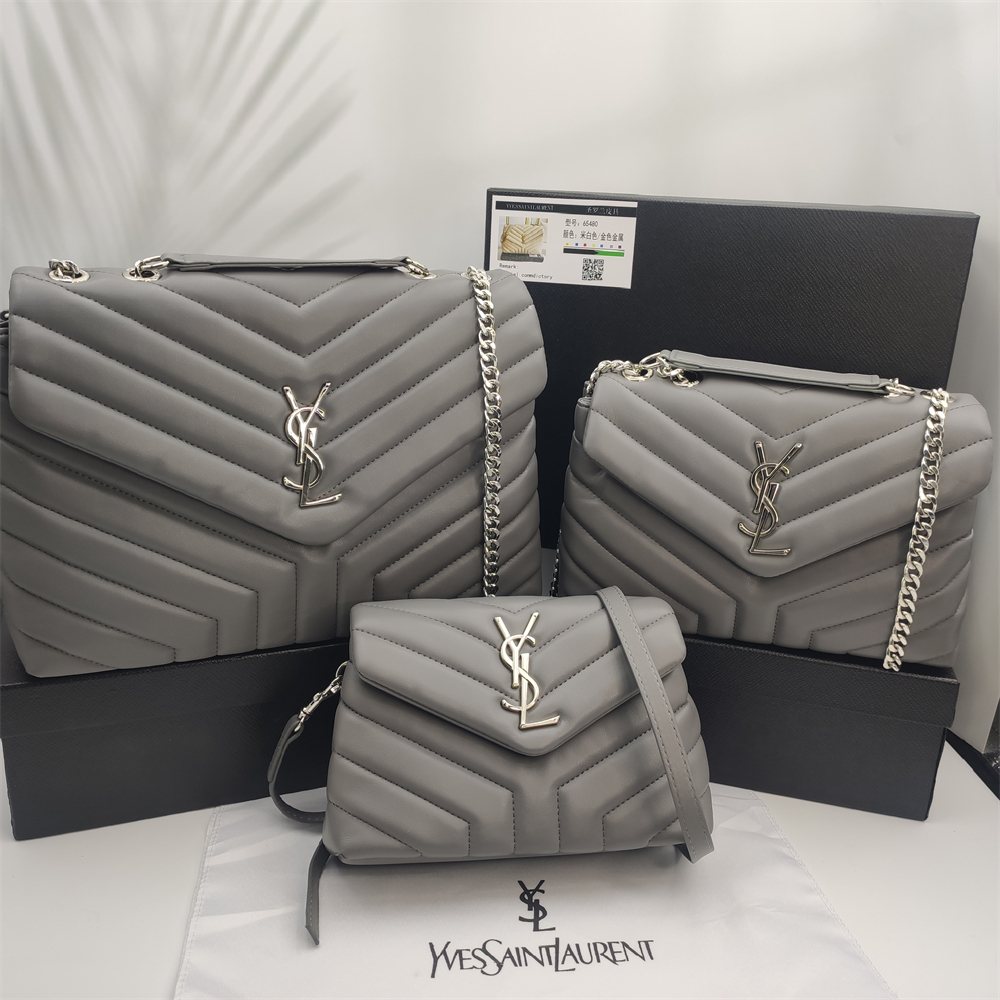 Chevron Quilted Flap Shoulder Bag with YSL Emblem in Gray, supplier source view, full product reference view