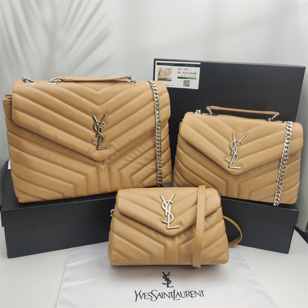 Chevron Quilted Flap Shoulder Bag with YSL Emblem in Tan Beige, supplier source view, full product reference view