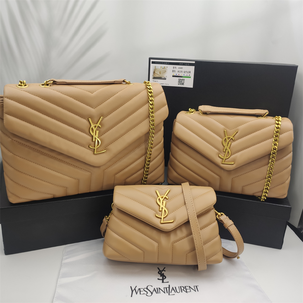 Chevron Quilted Flap Shoulder Bag with YSL Emblem in Tan Beige, supplier source view, full product reference view
