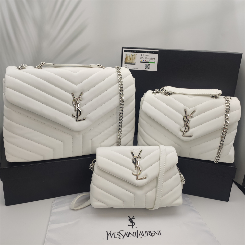 Chevron Quilted Flap Shoulder Bag with YSL Emblem in Ivory, supplier source view, full product reference view