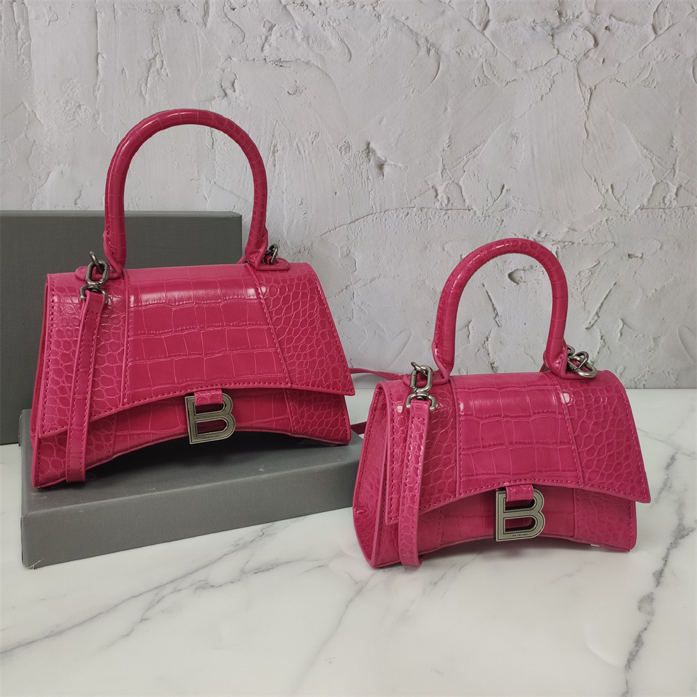 Curved-Base Top Handle Bag with B Clasp in Fuchsia Pink, supplier source view, full product reference view