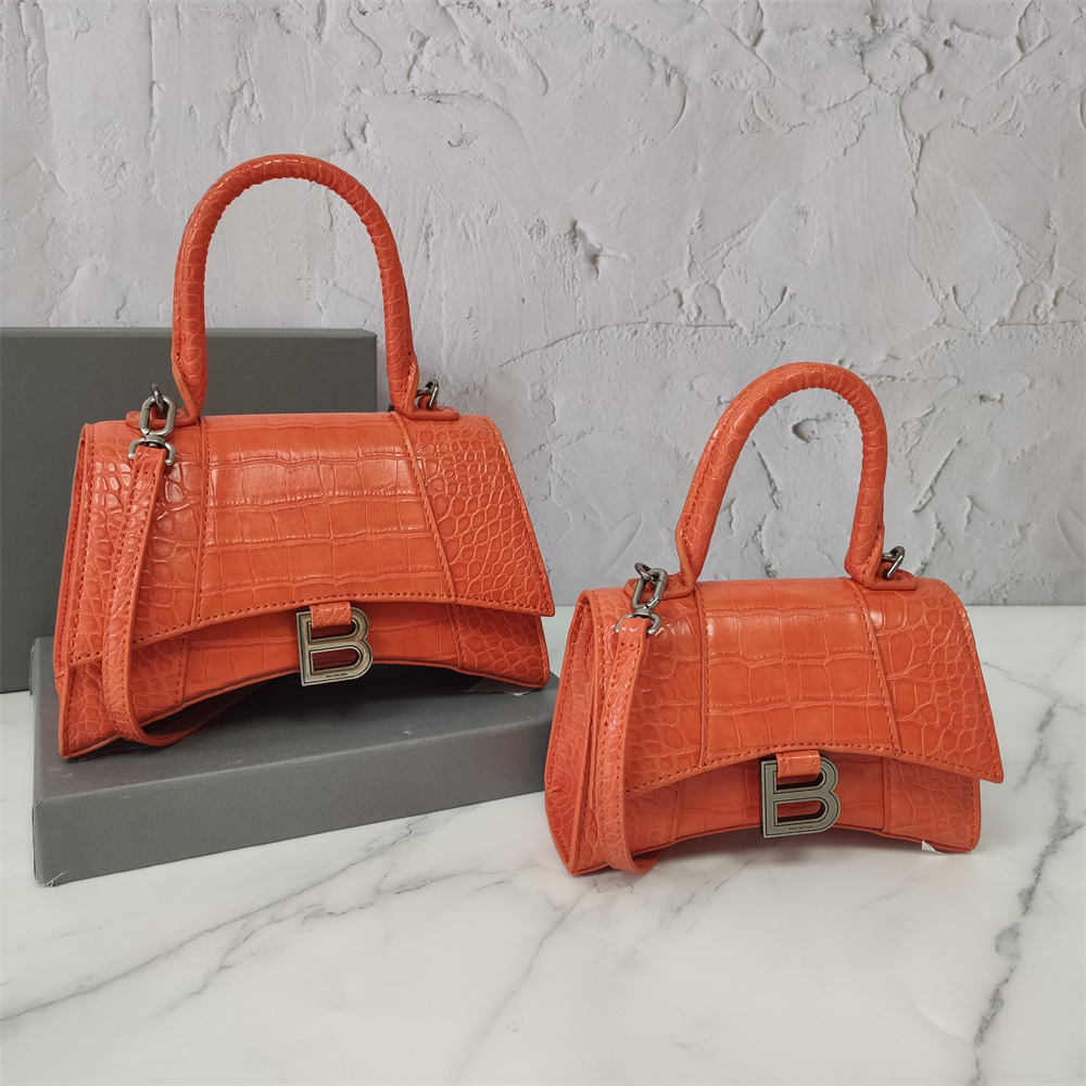 Curved-Base Top Handle Bag with B Clasp in Orange, supplier source view, full product reference view