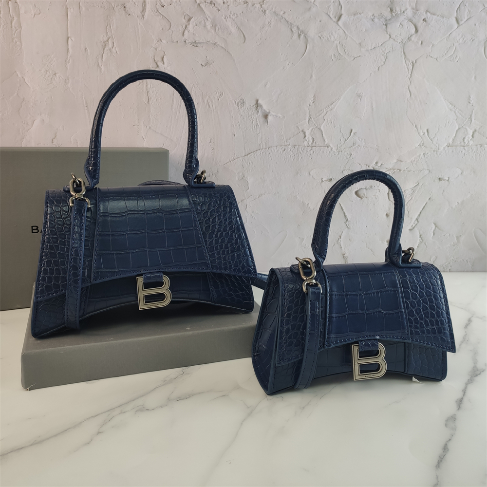 Curved-Base Top Handle Bag with B Clasp in Navy Blue, supplier source view, full product reference view