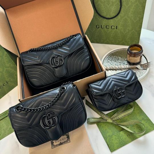 Quilted Flap Shoulder Bag with GG Emblem in Black, supplier source view, full product reference view