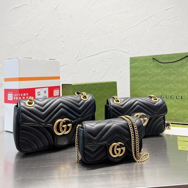 Quilted Flap Shoulder Bag with GG Emblem in Black, supplier source view, full product reference view