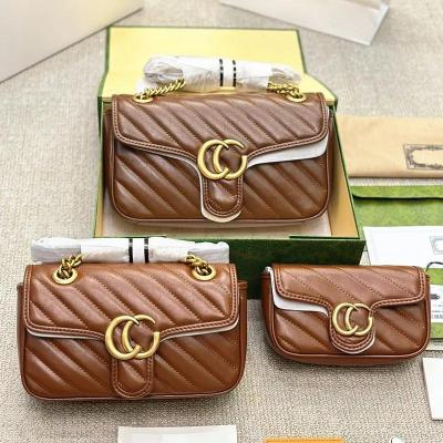 Quilted Flap Shoulder Bag with GG Emblem in Cognac Brown, supplier source view, full product reference view