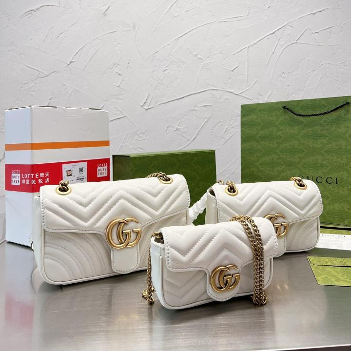 Quilted Flap Shoulder Bag with GG Emblem in White, supplier source view, full product reference view