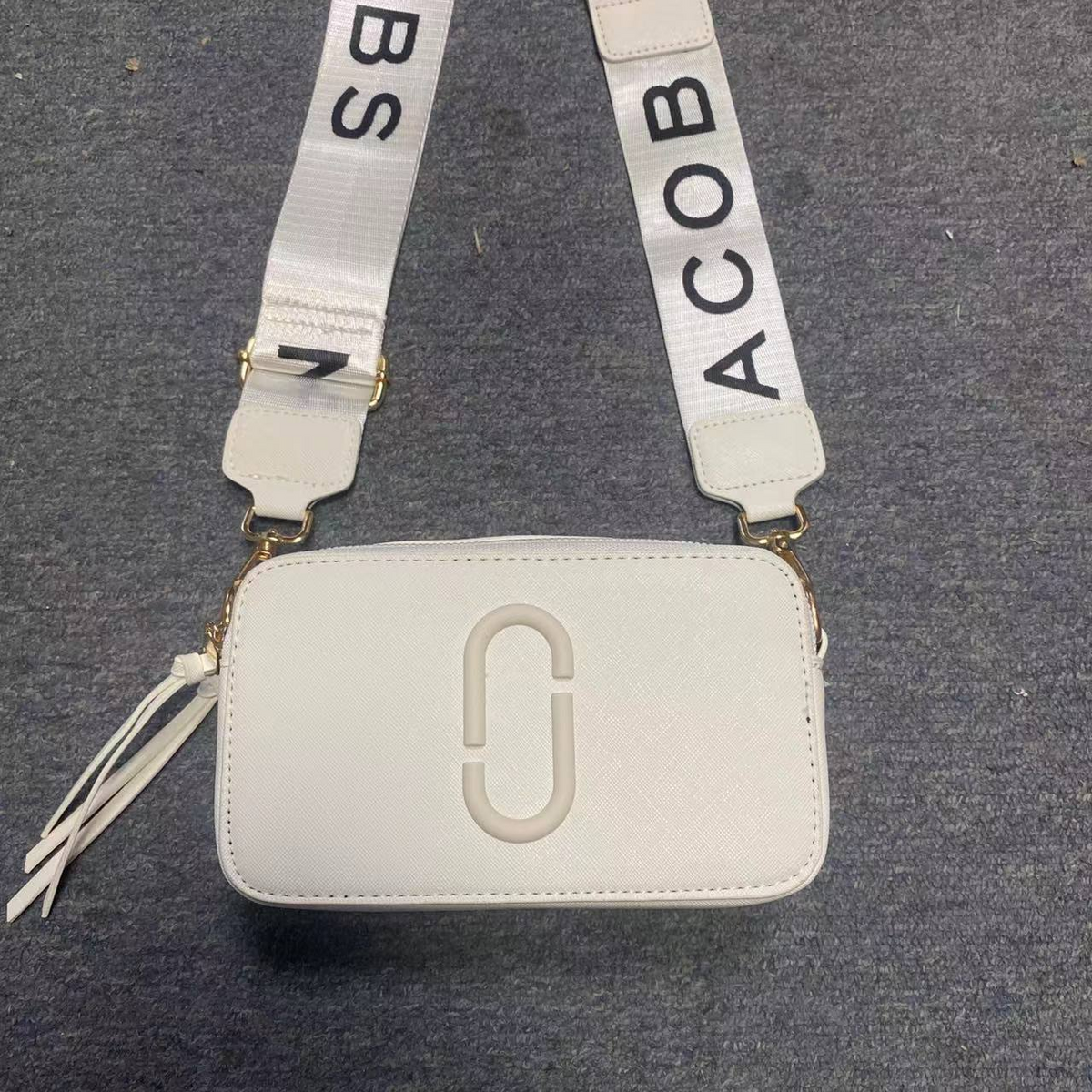 Logo Camera Crossbody Bag with Lettered Strap in White, supplier source view