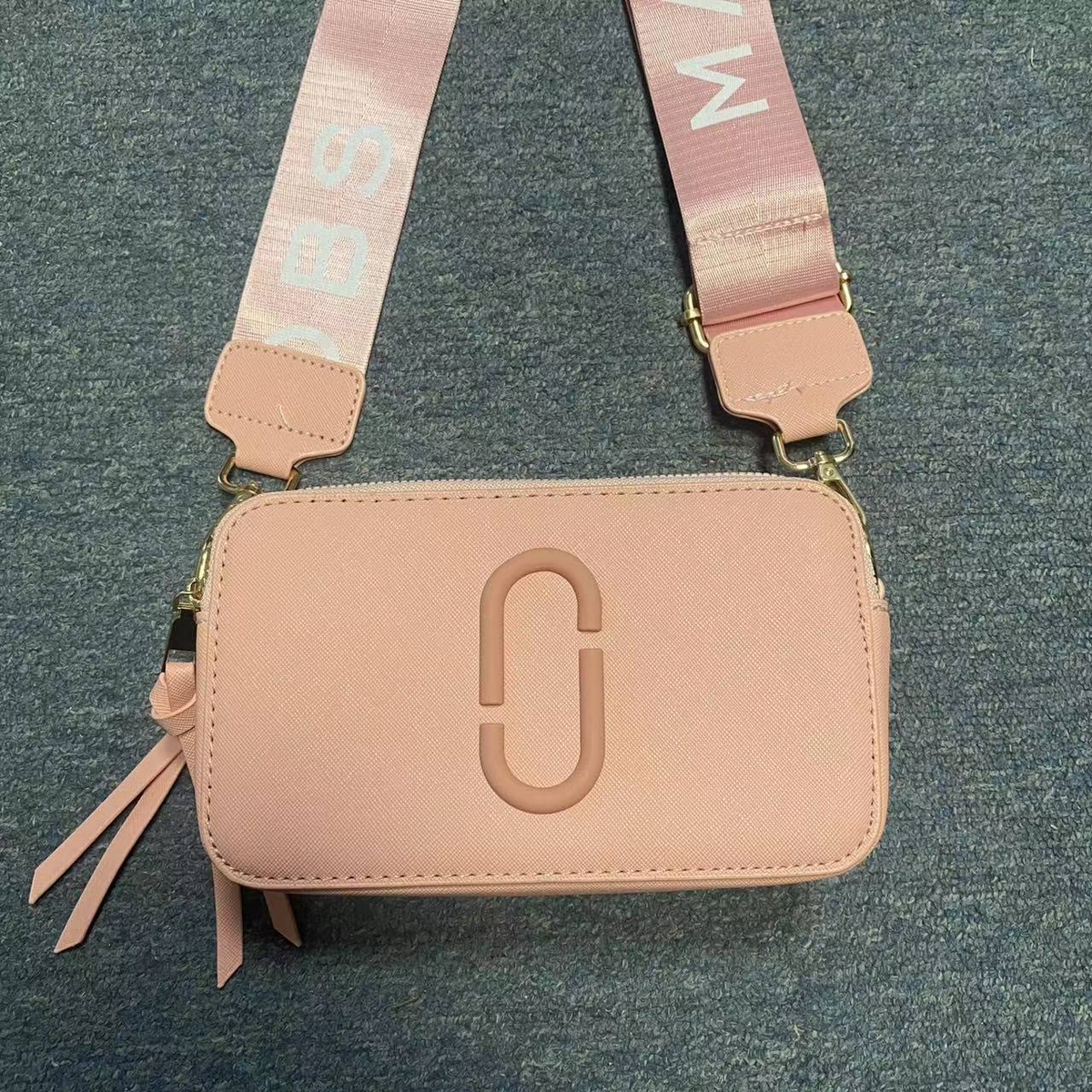 Logo Camera Crossbody Bag with Lettered Strap in Peach Pink, supplier source view