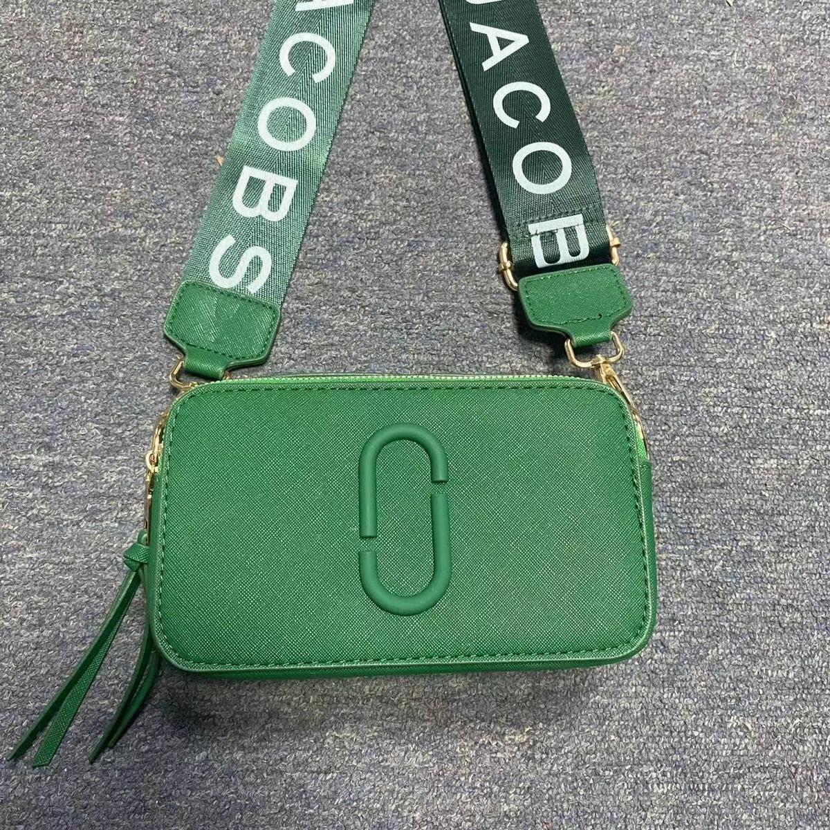 Logo Camera Crossbody Bag with Lettered Strap in Green, supplier source view