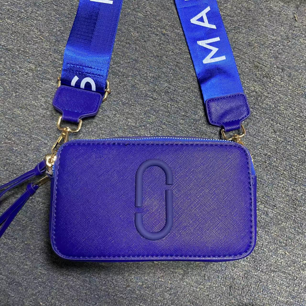 Logo Camera Crossbody Bag with Lettered Strap in Royal Blue, supplier source view