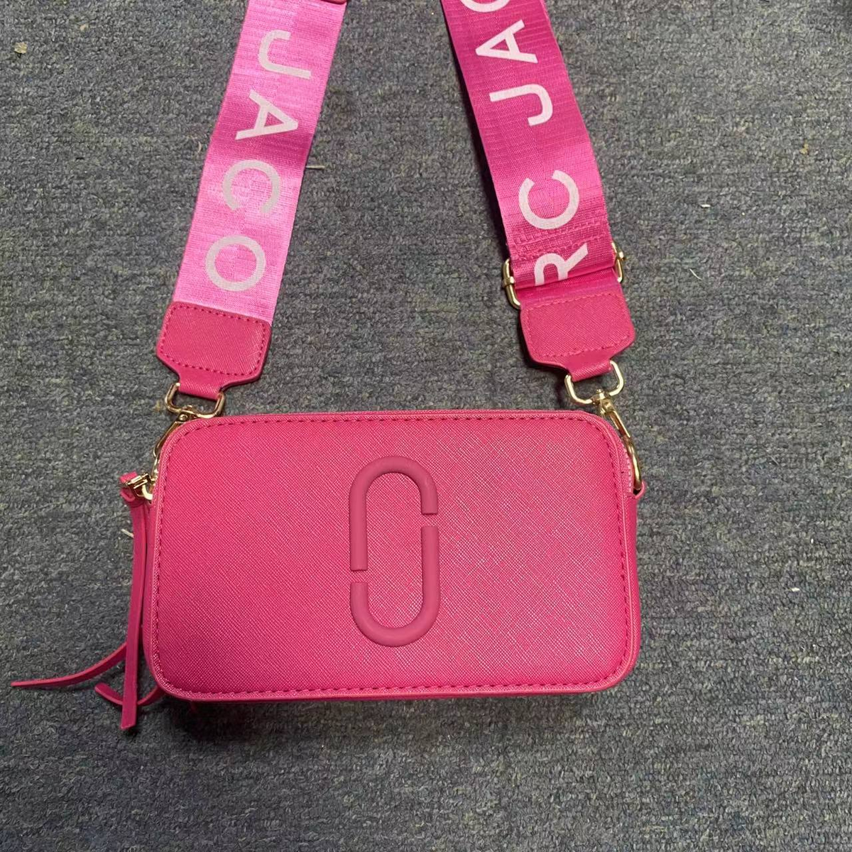 Logo Camera Crossbody Bag with Lettered Strap in Fuchsia Pink, supplier source view