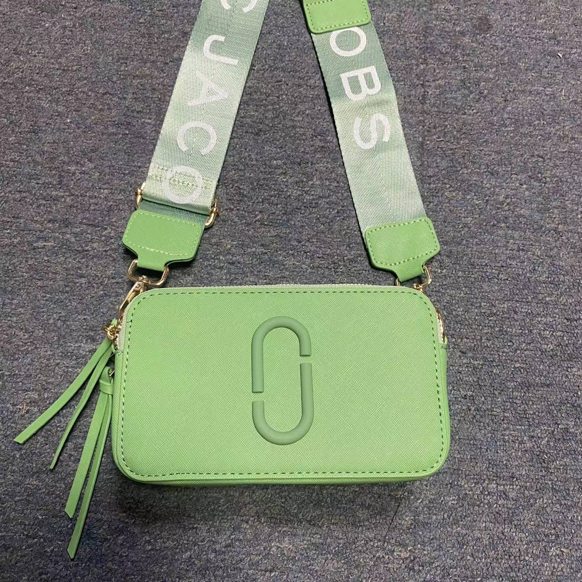 Logo Camera Crossbody Bag with Lettered Strap in Light Green, supplier source view