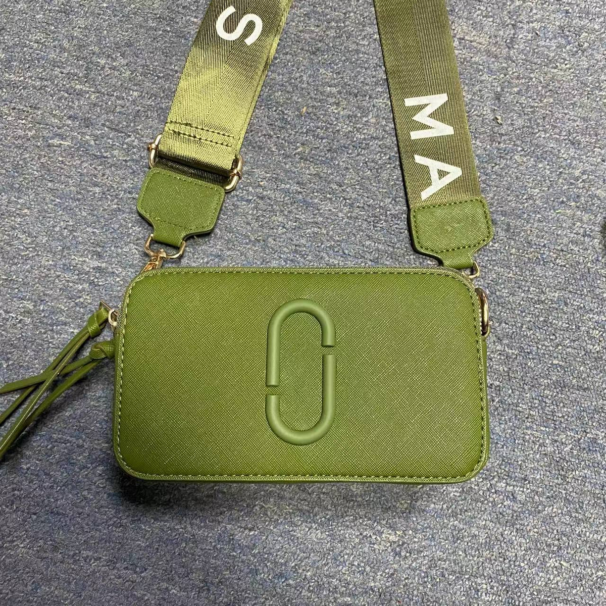 Logo Camera Crossbody Bag with Lettered Strap in Olive Green, supplier source view