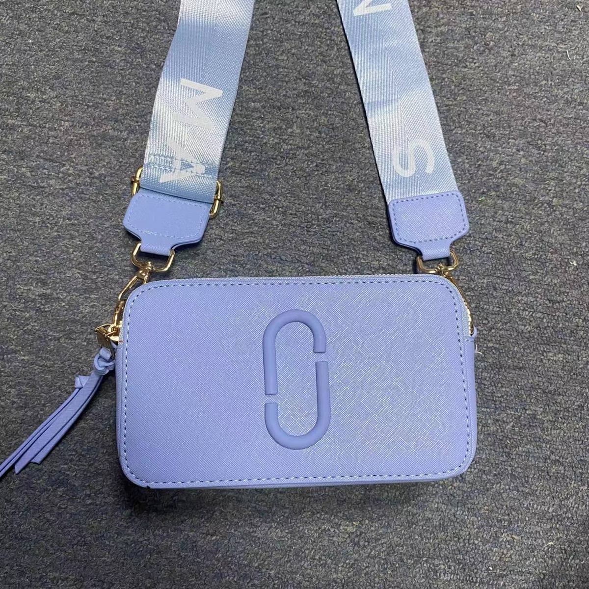 Logo Camera Crossbody Bag with Lettered Strap in Lavender Blue, supplier source view