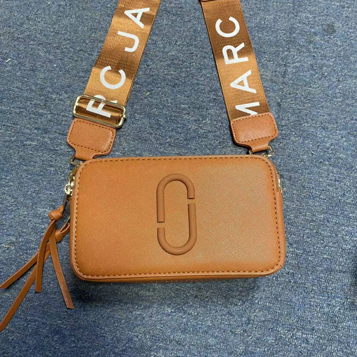 Logo Camera Crossbody Bag with Lettered Strap in Cognac Brown, supplier source view