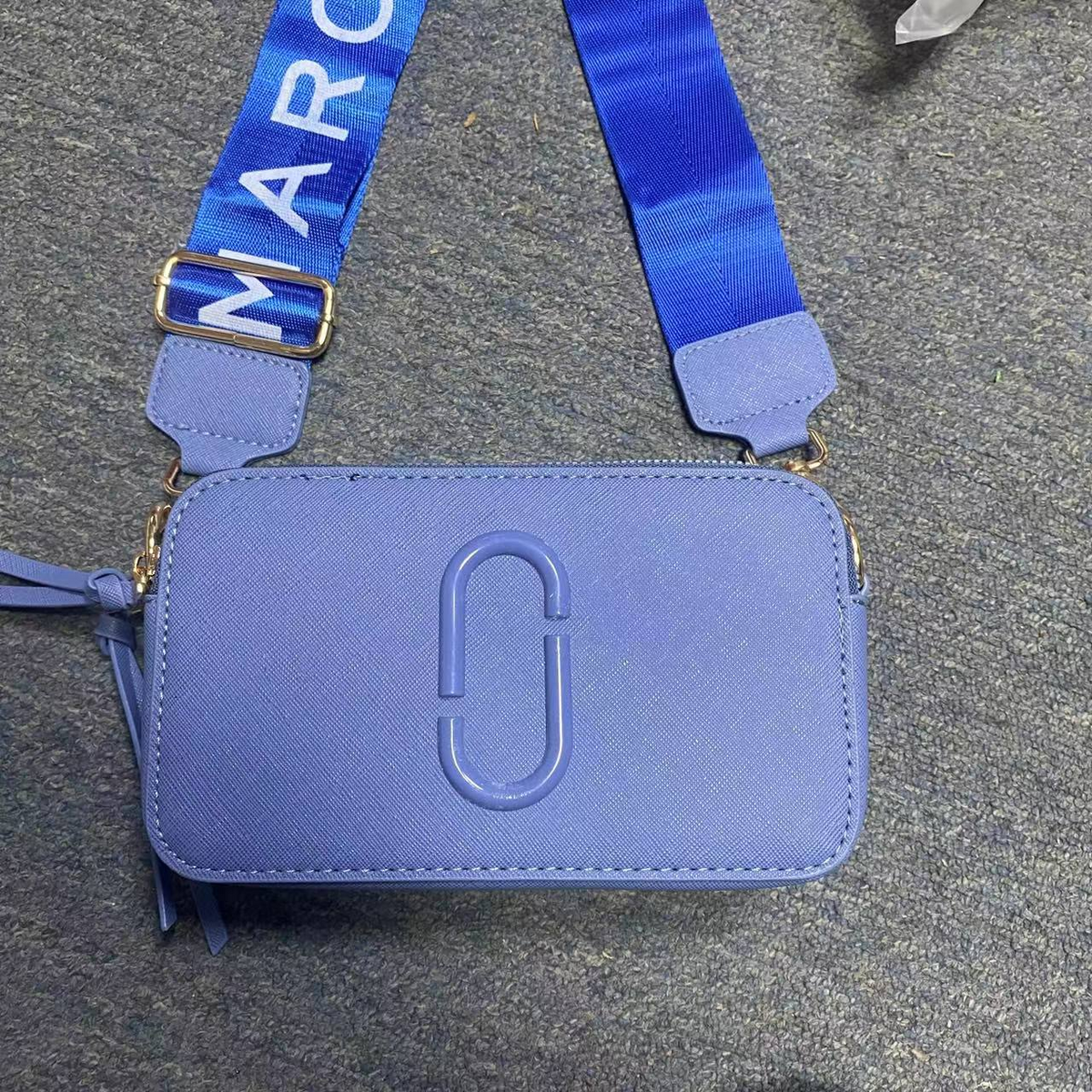 Logo Camera Crossbody Bag with Lettered Strap in Lavender Blue, supplier source view