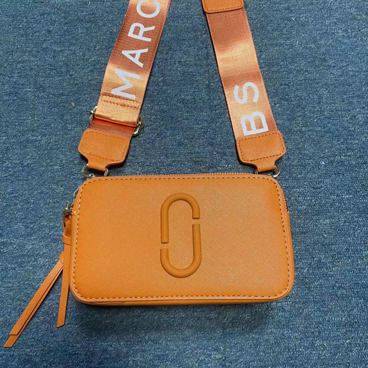 Logo Camera Crossbody Bag with Lettered Strap in Orange, supplier source view