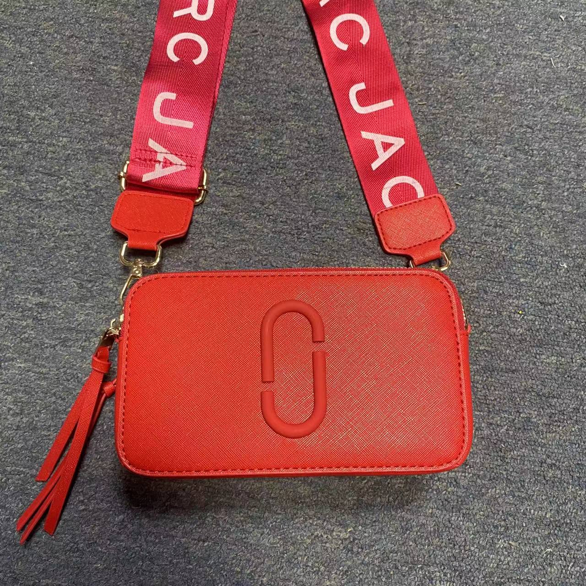 Logo Camera Crossbody Bag with Lettered Strap in Red, supplier source view