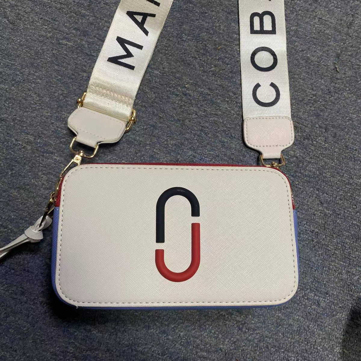 Logo Camera Crossbody Bag with Lettered Strap in Ivory / Black / Red, supplier source view