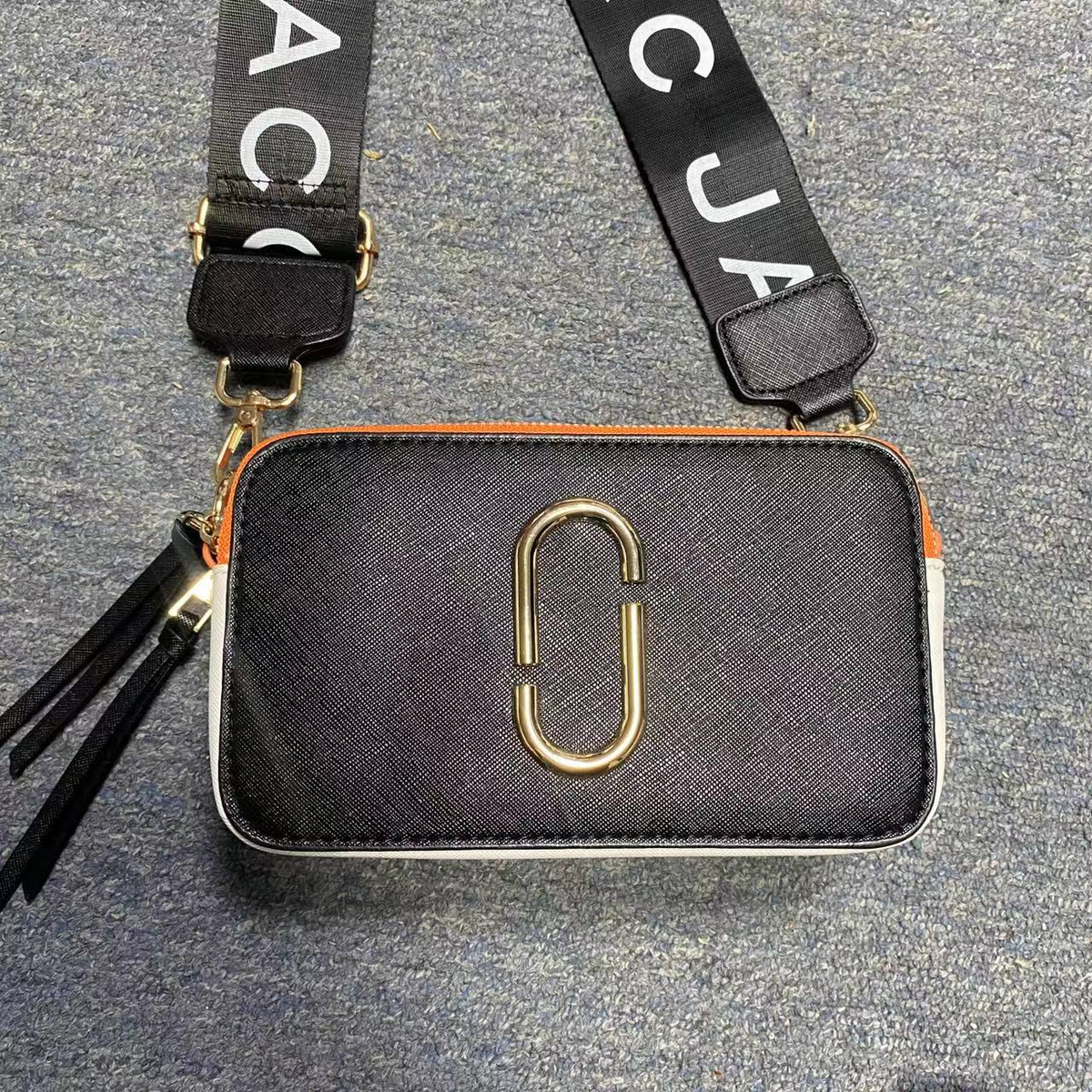 Logo Camera Crossbody Bag with Lettered Strap in Black / Orange Trim, supplier source view