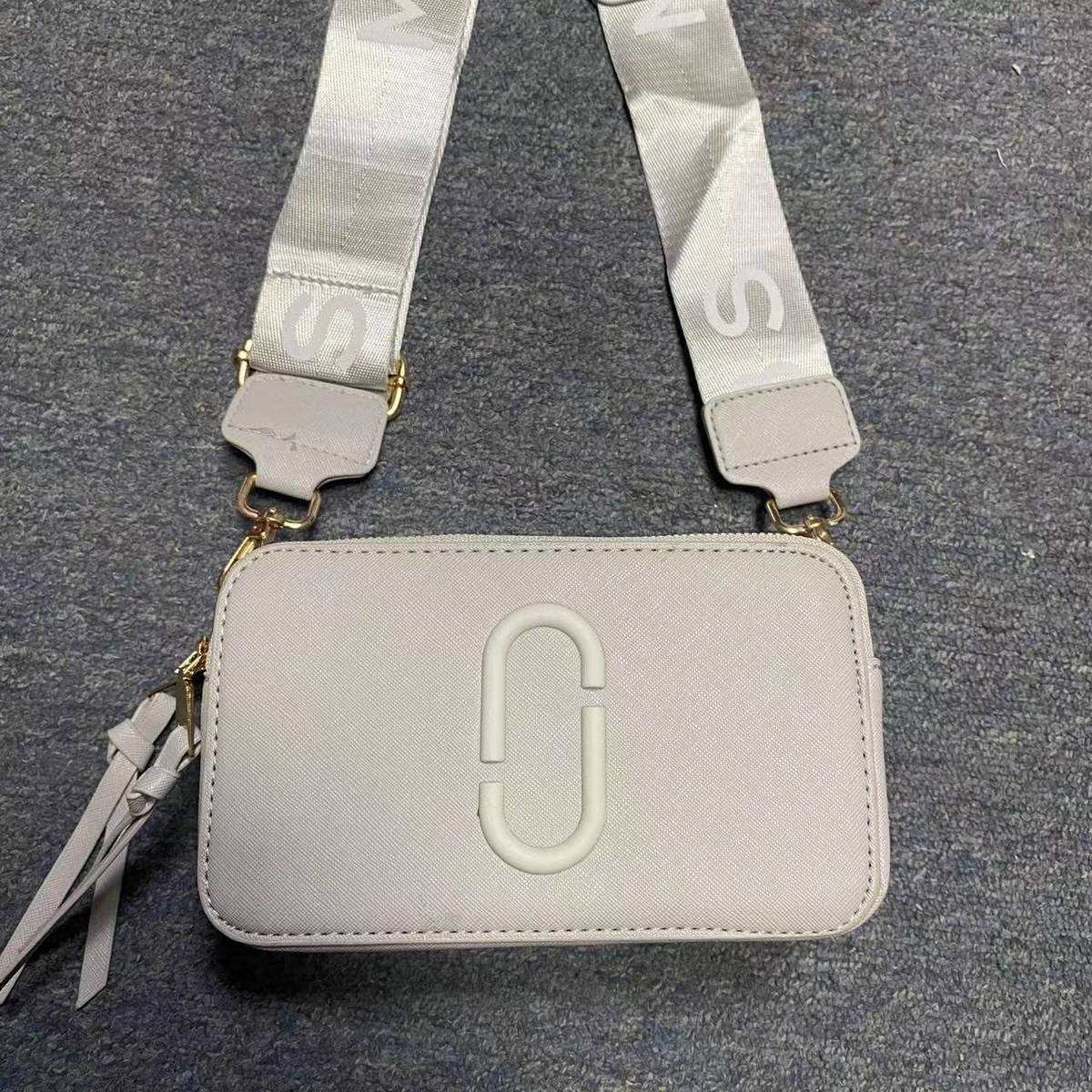 Logo Camera Crossbody Bag with Lettered Strap in Light Gray, supplier source view