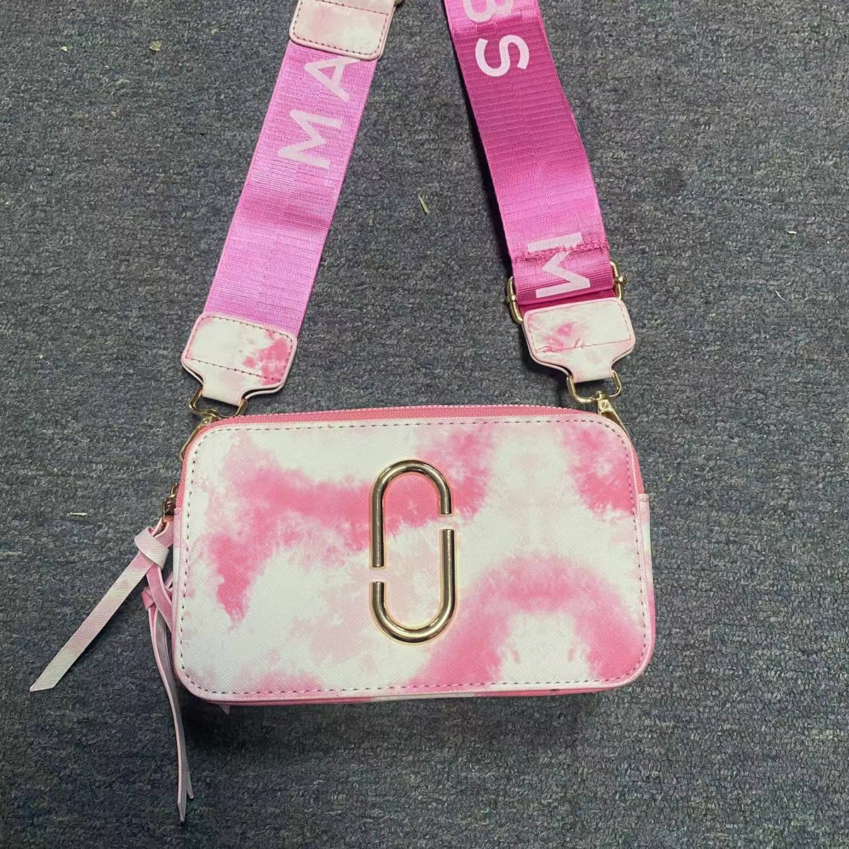 Logo Camera Crossbody Bag with Lettered Strap in White / Pink, supplier source view