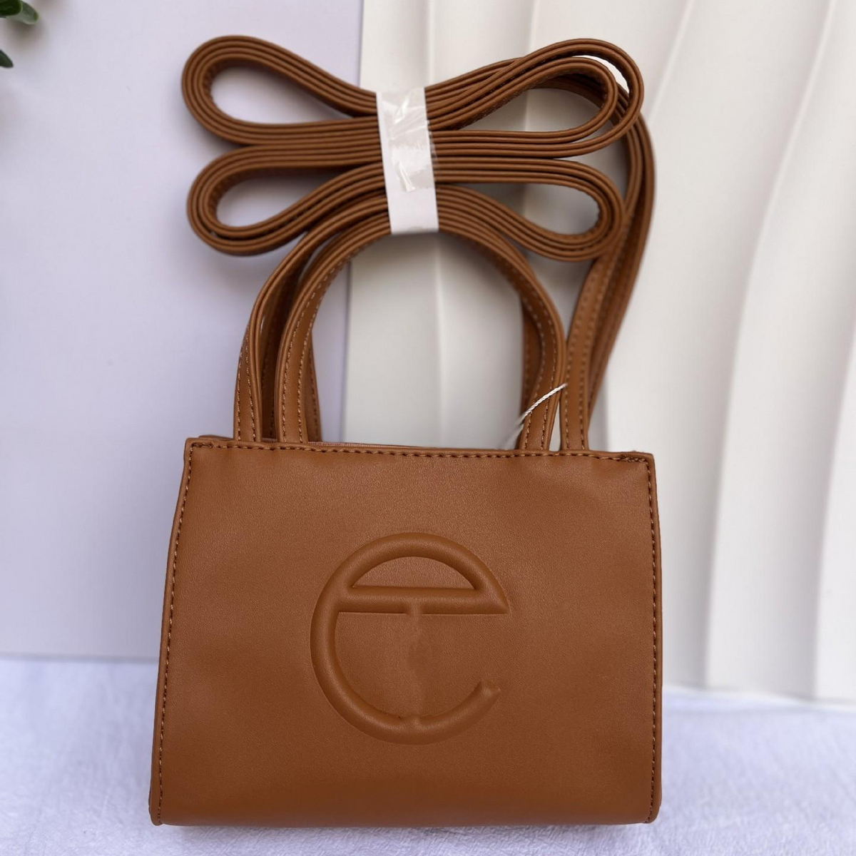 Embossed Logo Tote with Double Handles in Brown, supplier source view, full product reference view