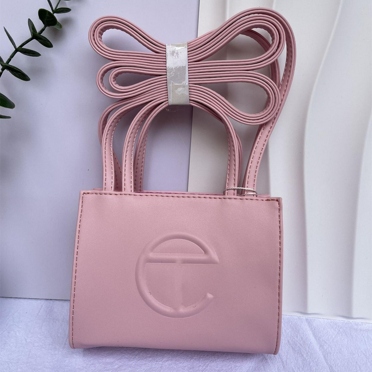 Embossed Logo Tote with Double Handles in Dusty Pink, supplier source view, full product reference view