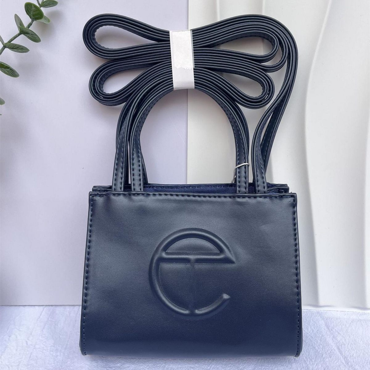 Embossed Logo Tote with Double Handles in Navy Blue, supplier source view, full product reference view
