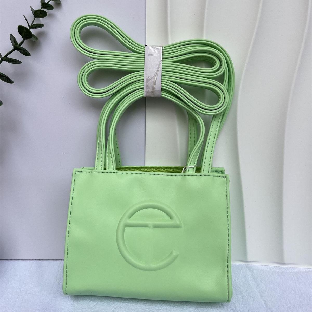 Embossed Logo Tote with Double Handles in Light Green, supplier source view, full product reference view