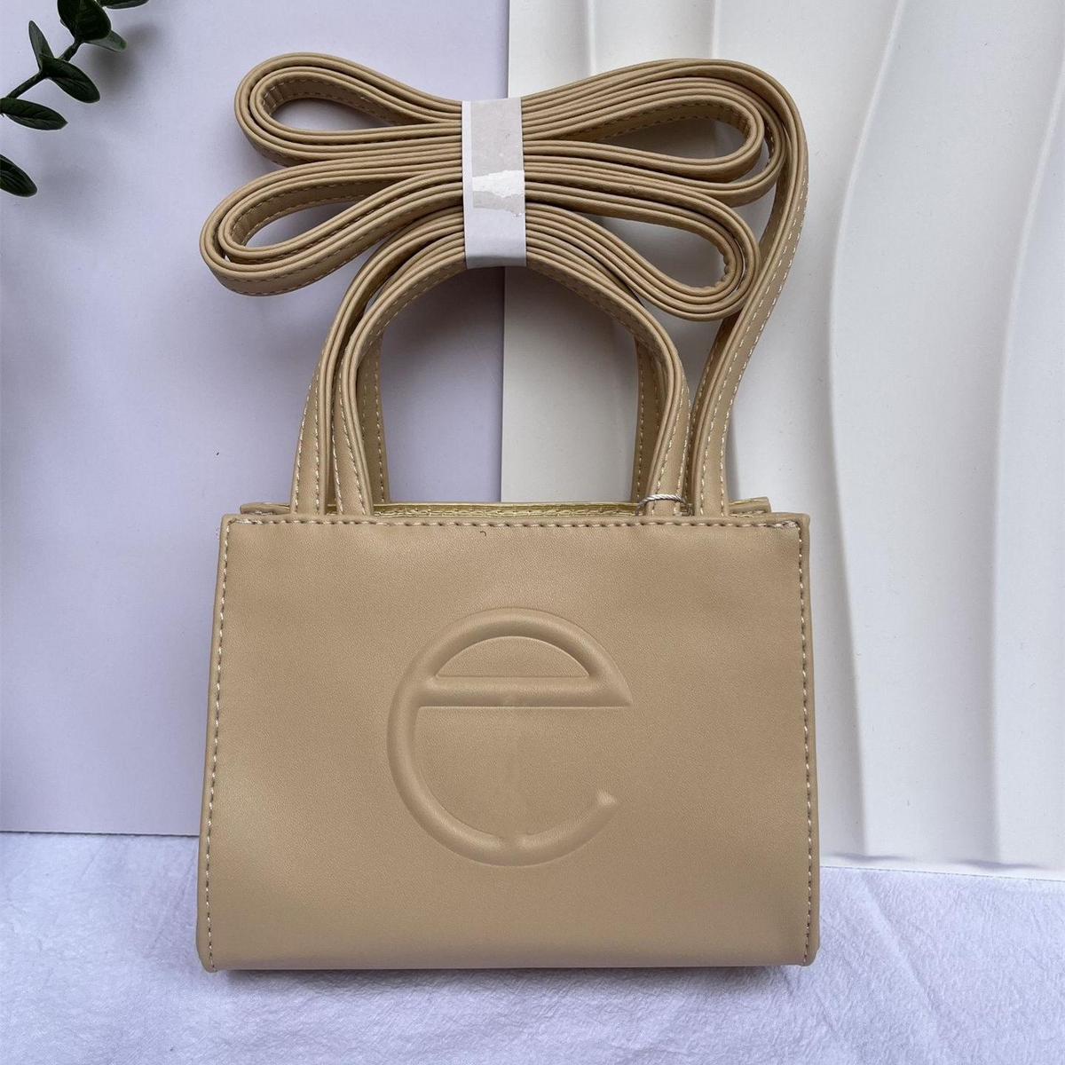 Embossed Logo Tote with Double Handles in Taupe Beige, supplier source view, full product reference view