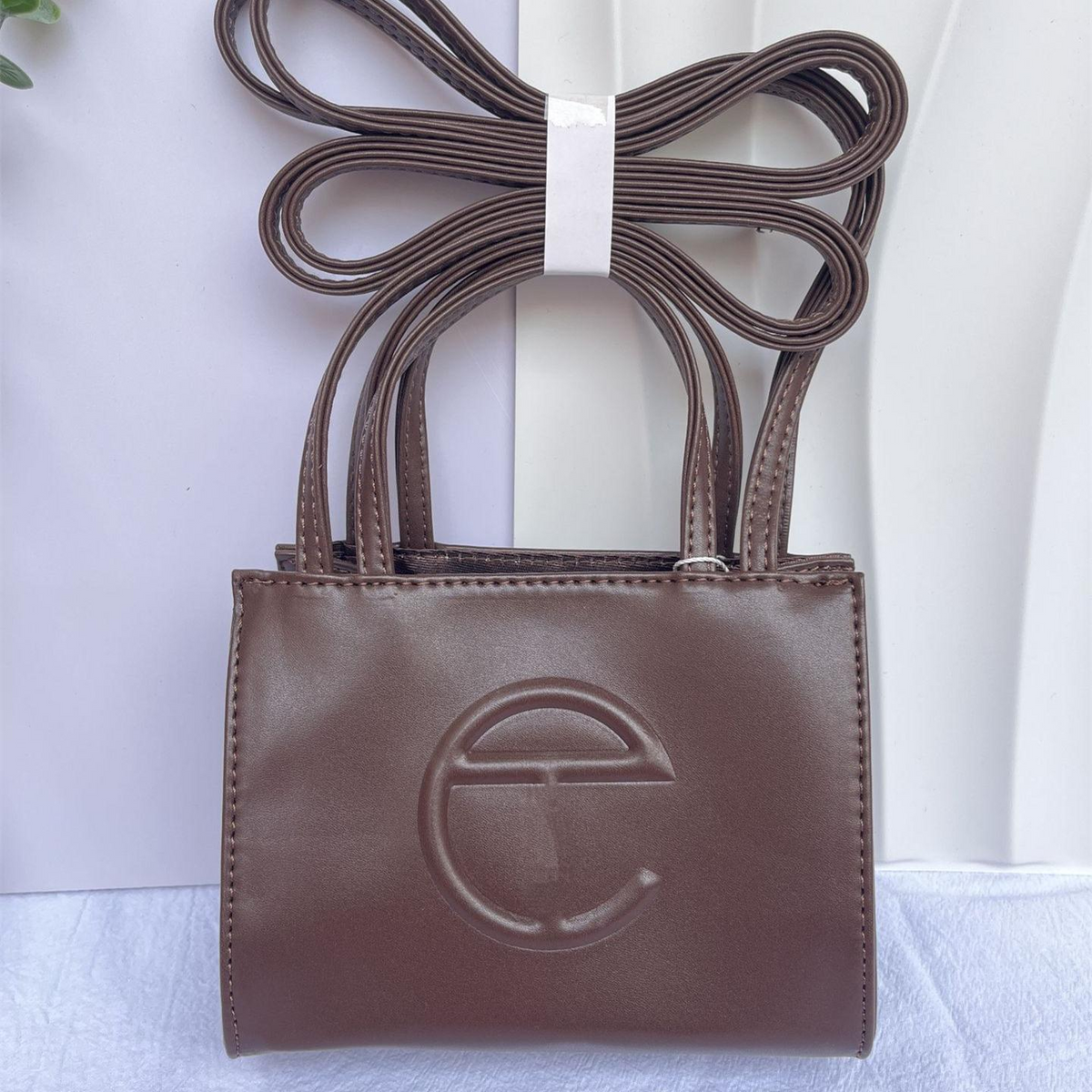 Embossed Logo Tote with Double Handles in Chocolate Brown, supplier source view, full product reference view