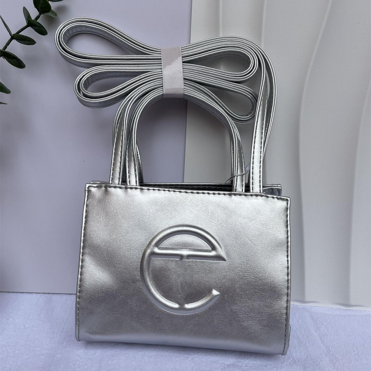 Embossed Logo Tote with Double Handles in Metallic Silver, supplier source view, full product reference view