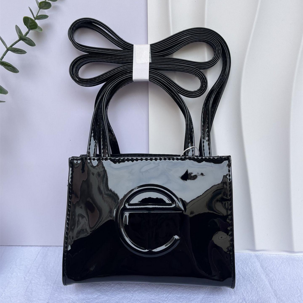 Embossed Logo Tote with Double Handles in Glossy Black, supplier source view, full product reference view