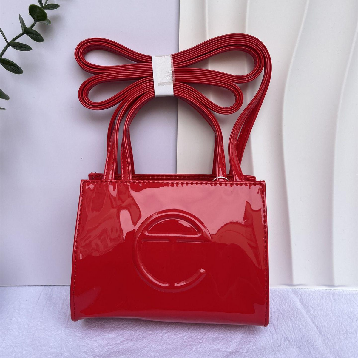 Embossed Logo Tote with Double Handles in Glossy Red, supplier source view, full product reference view