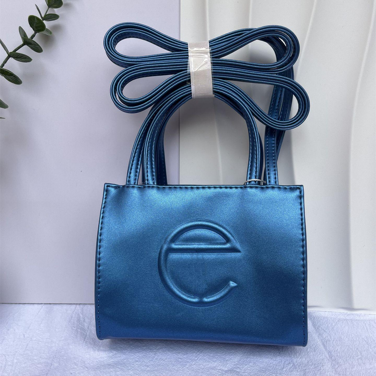Embossed Logo Tote with Double Handles in Metallic Blue, supplier source view, full product reference view