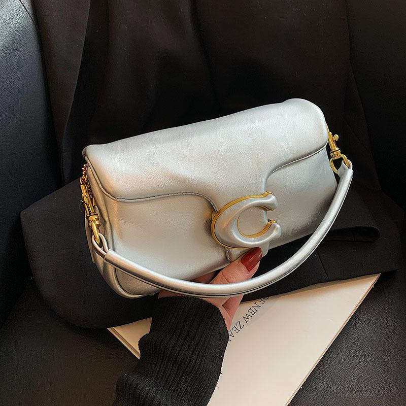Flap Shoulder Bag with C Clasp in Metallic Silver, supplier source view