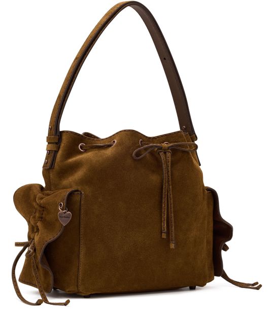 Acne Studios Multipocket bucket bag in suede in Cognac Brown — view 2