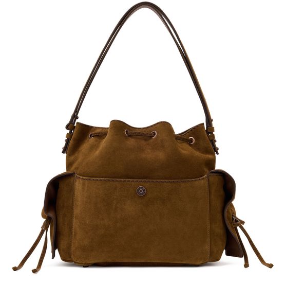 Acne Studios Multipocket bucket bag in suede in Cognac Brown — view 3