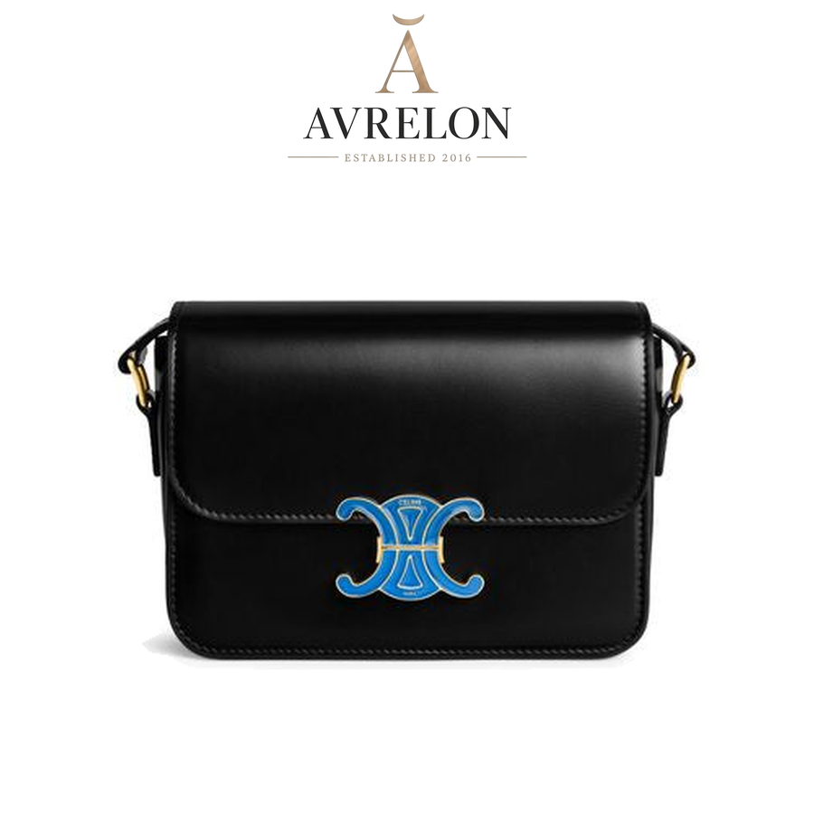 Celine Teen Triomphe bag in shiny calfskin with enamel closure — Black / Ultra Blue — AVRELON product image