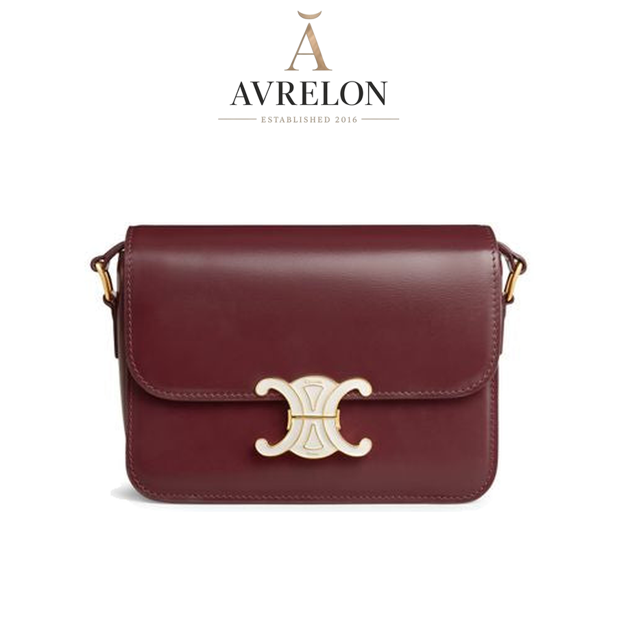 Celine Teen Triomphe bag in shiny calfskin with enamel closure — Syrah / White Cotton — AVRELON product image