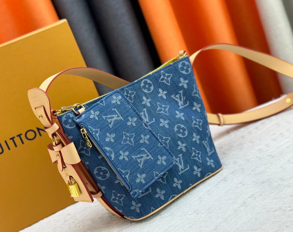 Louis Vuitton Monogram Zip Shoulder Bag with Front Pocket – Blue / Tan, original supplier catalogue view