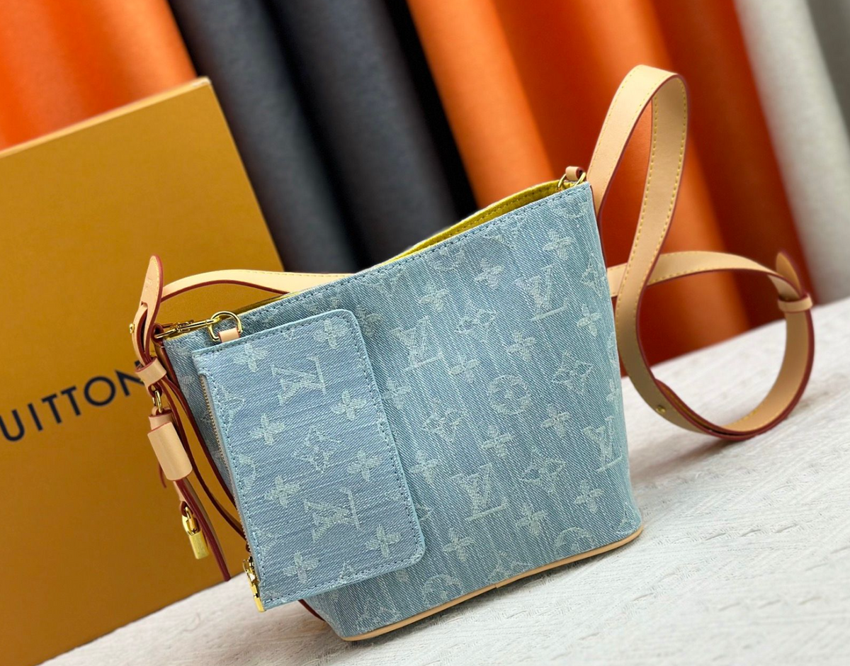Louis Vuitton Monogram Zip Shoulder Bag with Front Pocket – Light Blue / Tan, original supplier catalogue view