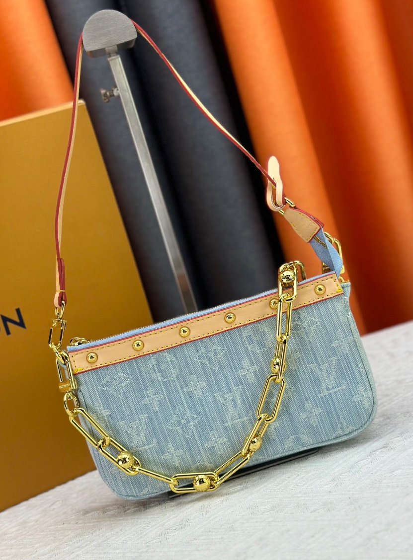 Louis Vuitton Monogram Chain Shoulder Bag with Riveted Trim – Light Blue / Tan, original supplier catalogue view