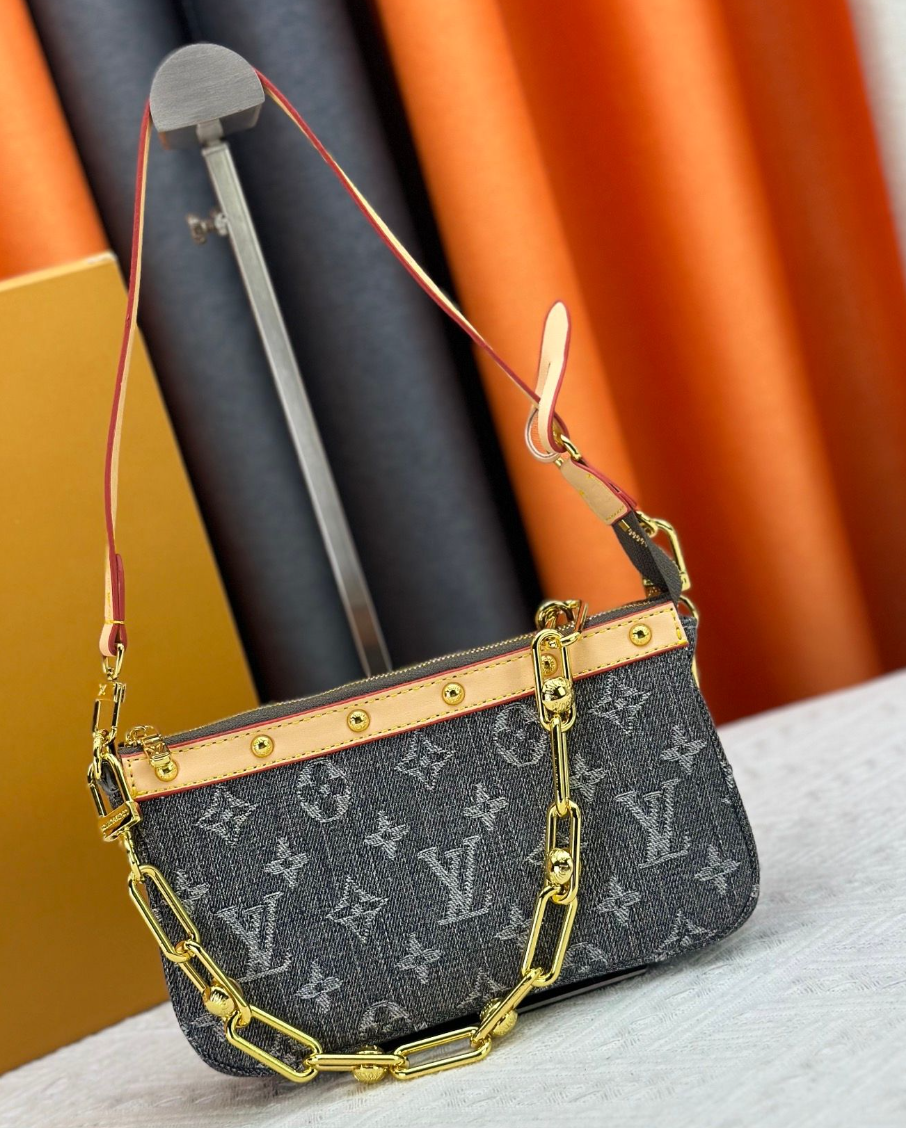 Louis Vuitton Monogram Chain Shoulder Bag with Riveted Trim – Dark Gray / Tan, original supplier catalogue view