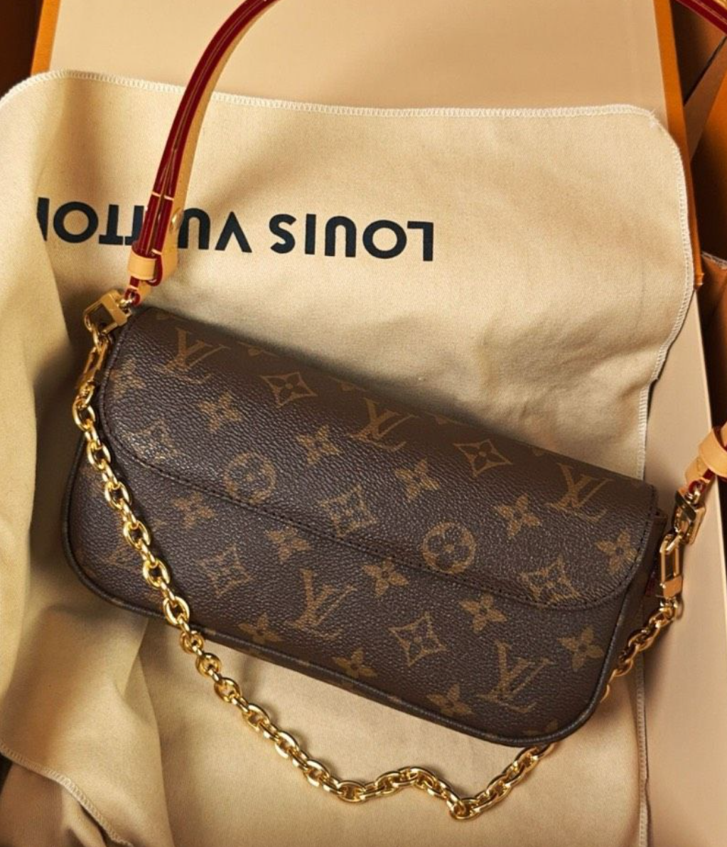 Louis Vuitton Monogram Flap Chain Shoulder Bag – Brown / tan strap with burgundy edges, original supplier catalogue view