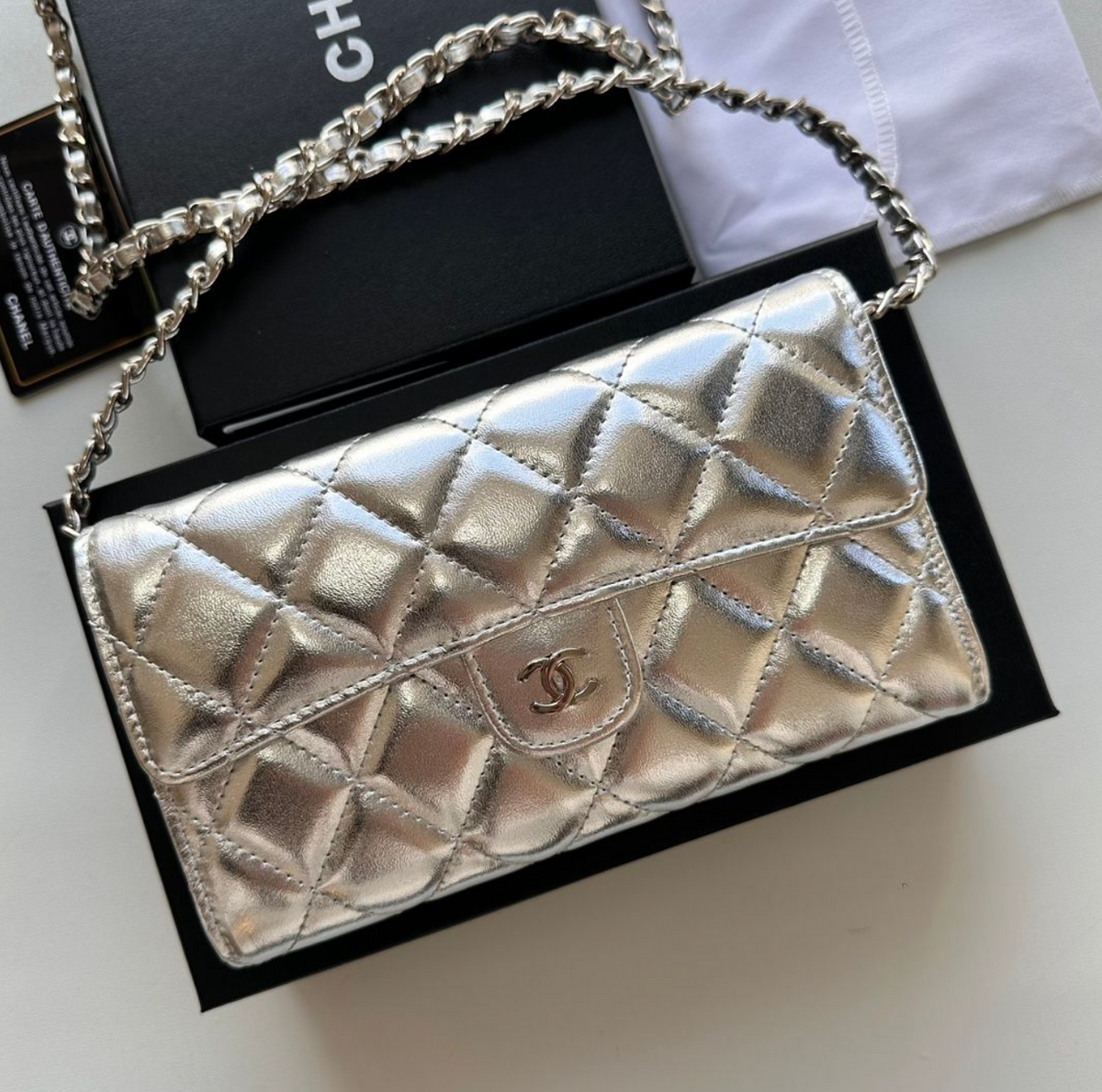Chanel Diamond Quilted Mini Chain Shoulder Bag – Metallic Silver, original supplier catalogue view