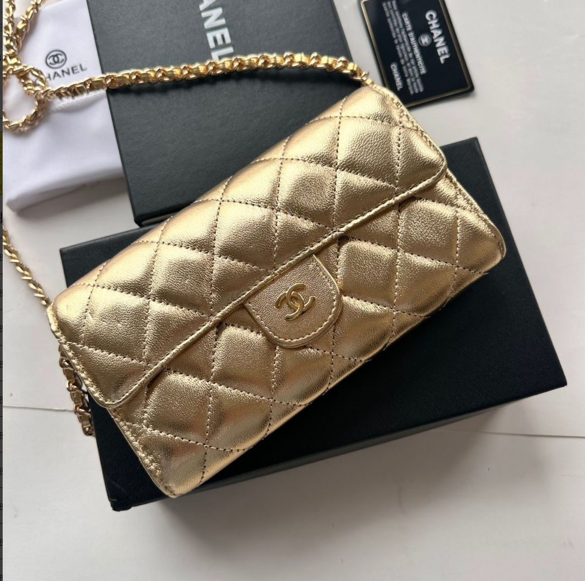 Chanel Diamond Quilted Mini Chain Shoulder Bag – Metallic Gold, original supplier catalogue view