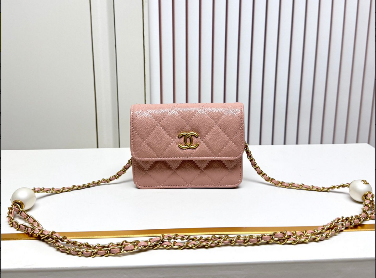 Chanel Diamond Quilted Mini Flap Bag with White-Bead-Detail Chain – Dusty Pink, original supplier catalogue view